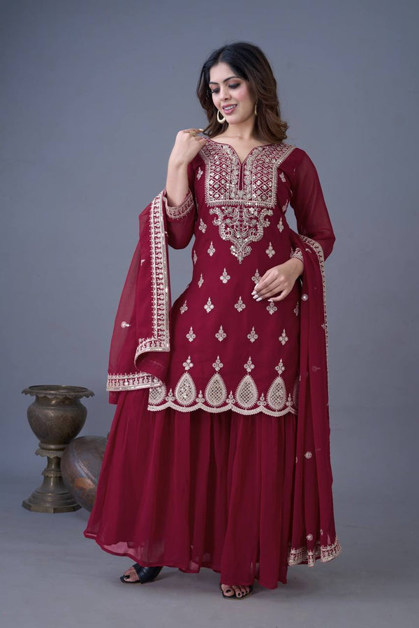 Trendy Maroon Color Heavy Georgette Embroidery Work Designer Sharara Suit