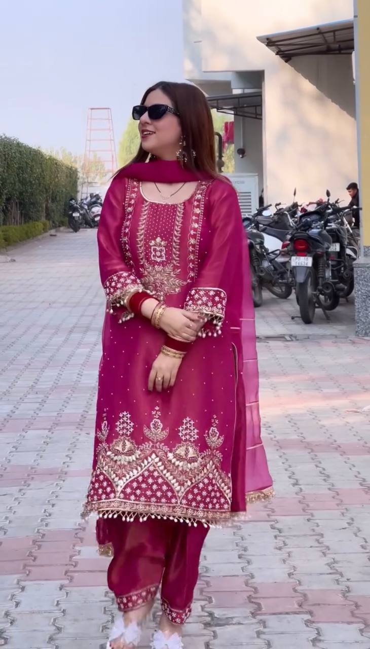Wedding Wear Rose Pink Color Roman Shimmer Silk Embroidery Sequences Work Palazzo Suit