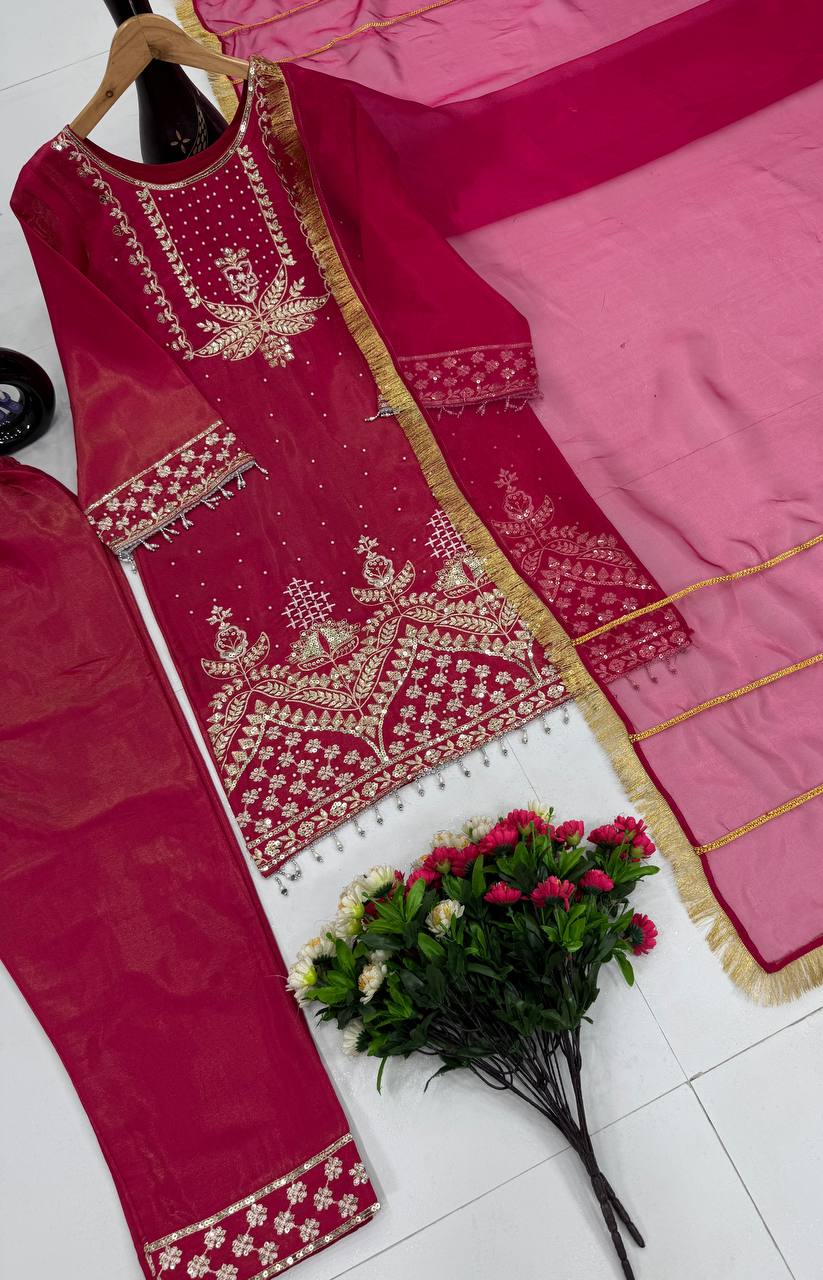 Wedding Wear Rose Pink Color Roman Shimmer Silk Embroidery Sequences Work Palazzo Suit