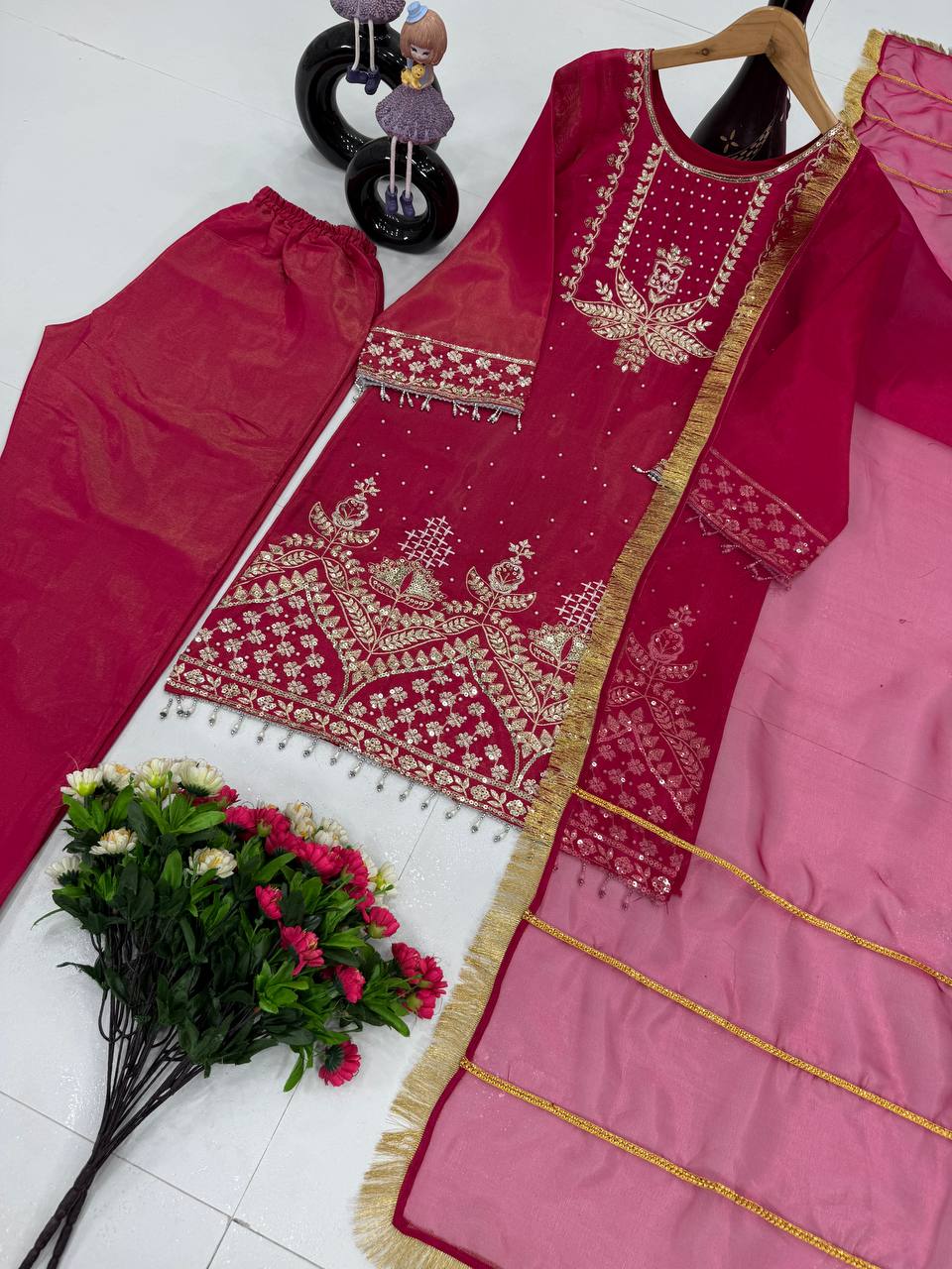 Wedding Wear Rose Pink Color Roman Shimmer Silk Embroidery Sequences Work Palazzo Suit
