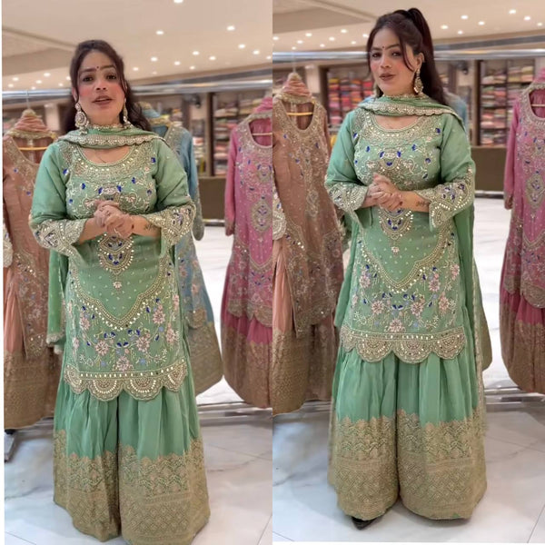 Traditional Wear Green color Natural Crep Material With Sequence Embroidery Work Sharara Suit