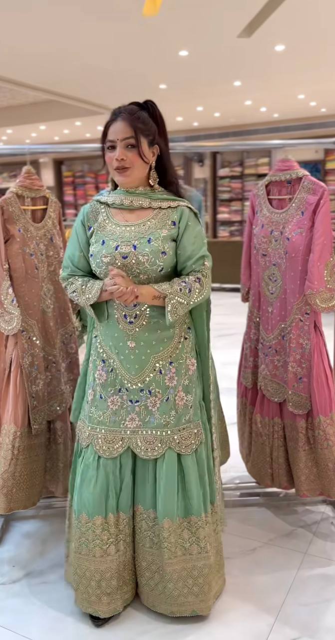 Traditional Wear Green color Natural Crep Material With Sequence Embroidery Work Sharara Suit