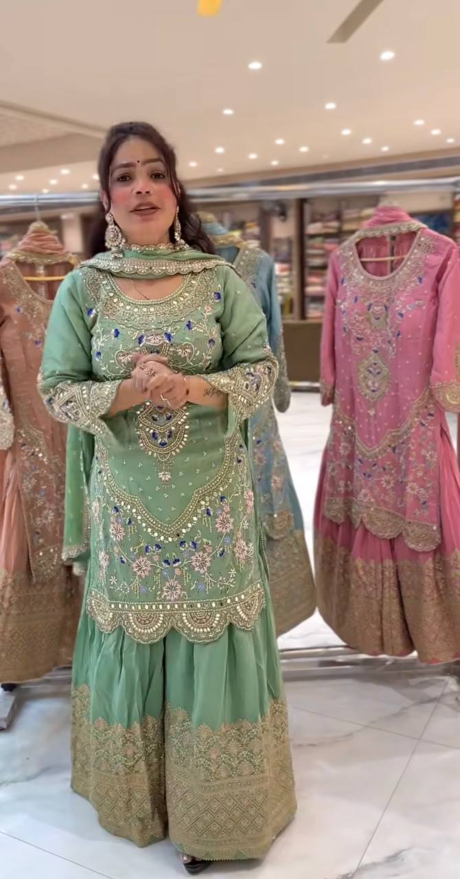Traditional Wear Green color Natural Crep Material With Sequence Embroidery Work Sharara Suit