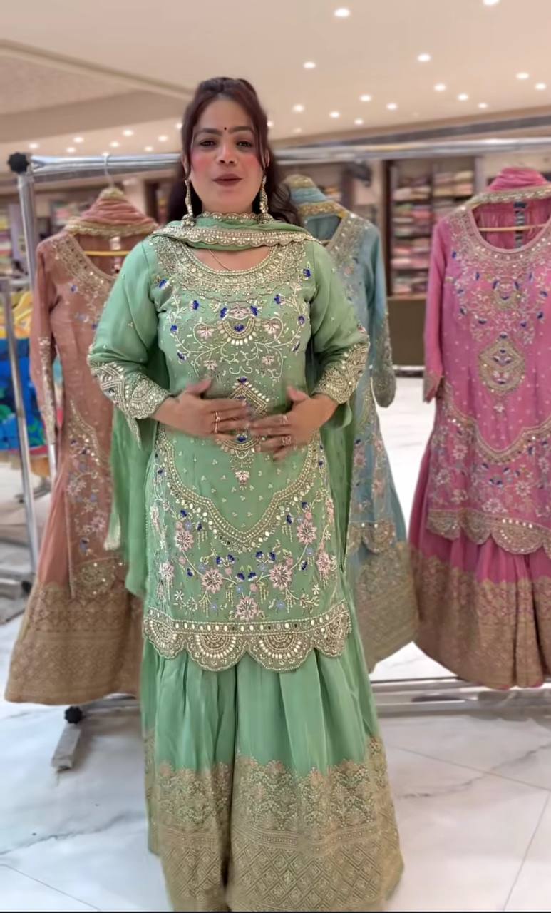 Traditional Wear Green color Natural Crep Material With Sequence Embroidery Work Sharara Suit