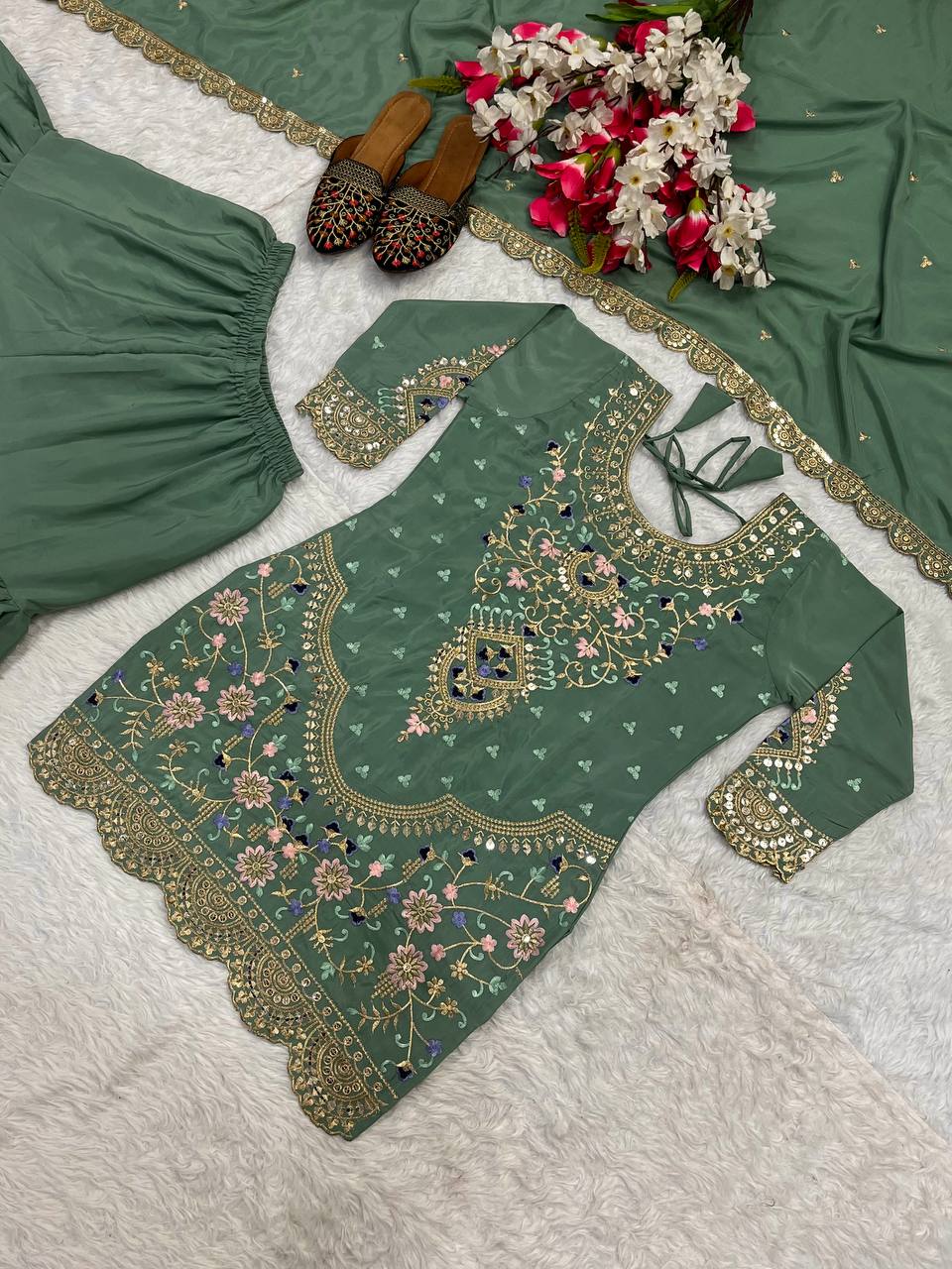 Traditional Wear Green color Natural Crep Material With Sequence Embroidery Work Sharara Suit