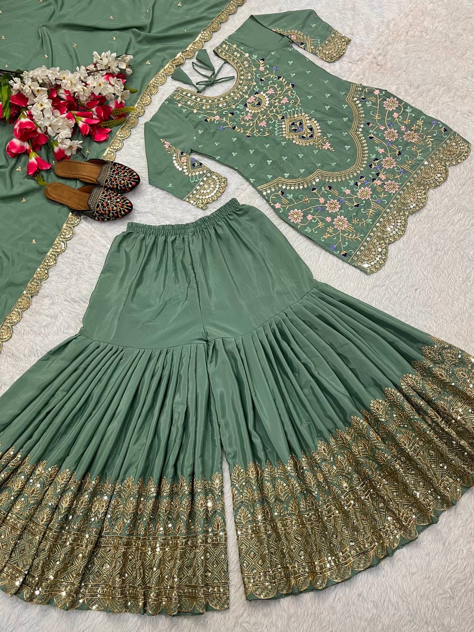 Traditional Wear Green color Natural Crep Material With Sequence Embroidery Work Sharara Suit