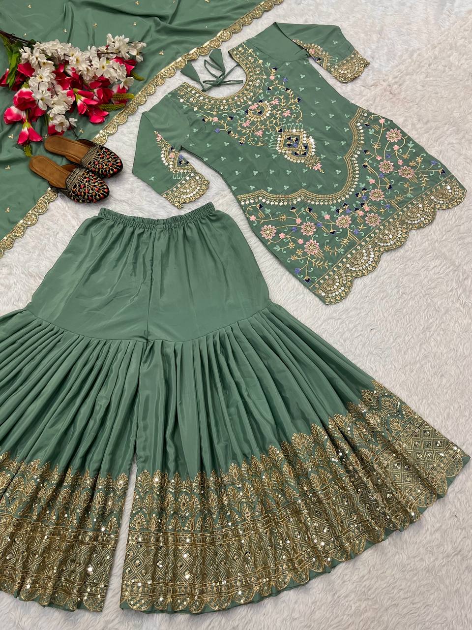 Traditional Wear Green color Natural Crep Material With Sequence Embroidery Work Sharara Suit
