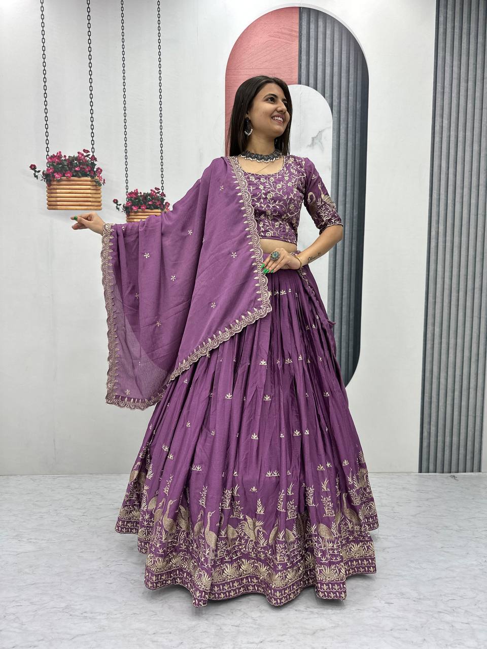 Function Wear Purple Color Chinon Embroidery Thread Work Designer Lehenga Choli