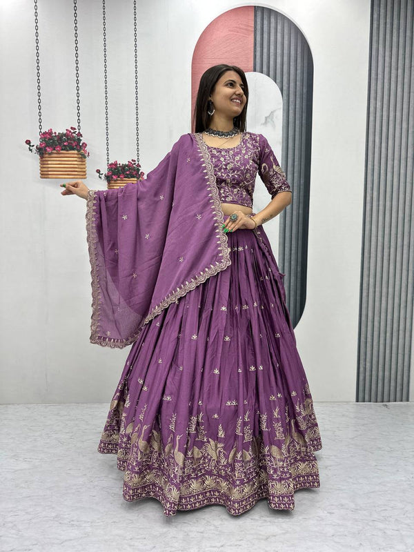 Function Wear Purple Color Chinon Embroidery Thread Work Designer Lehenga Choli