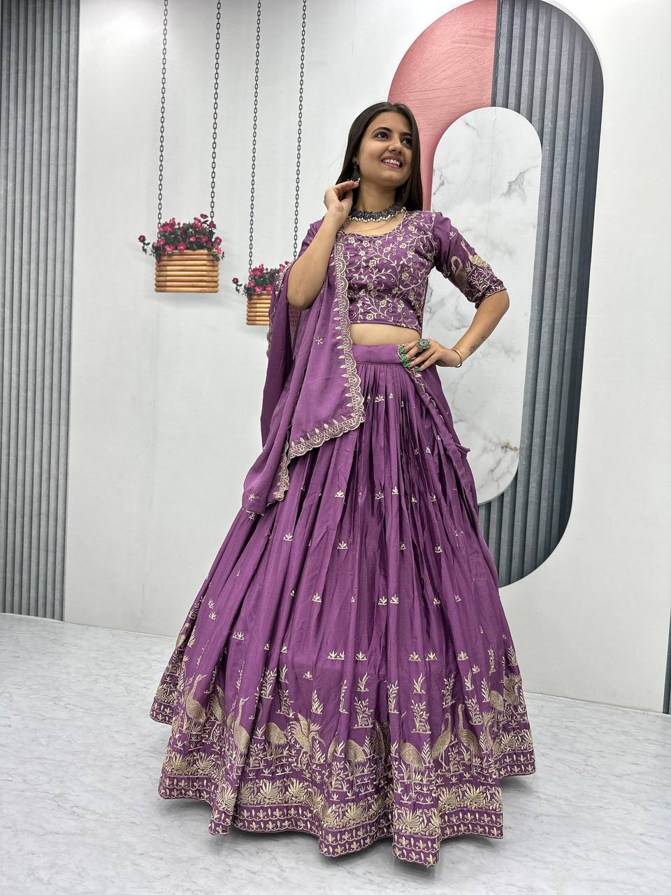 Function Wear Purple Color Chinon Embroidery Thread Work Designer Lehenga Choli