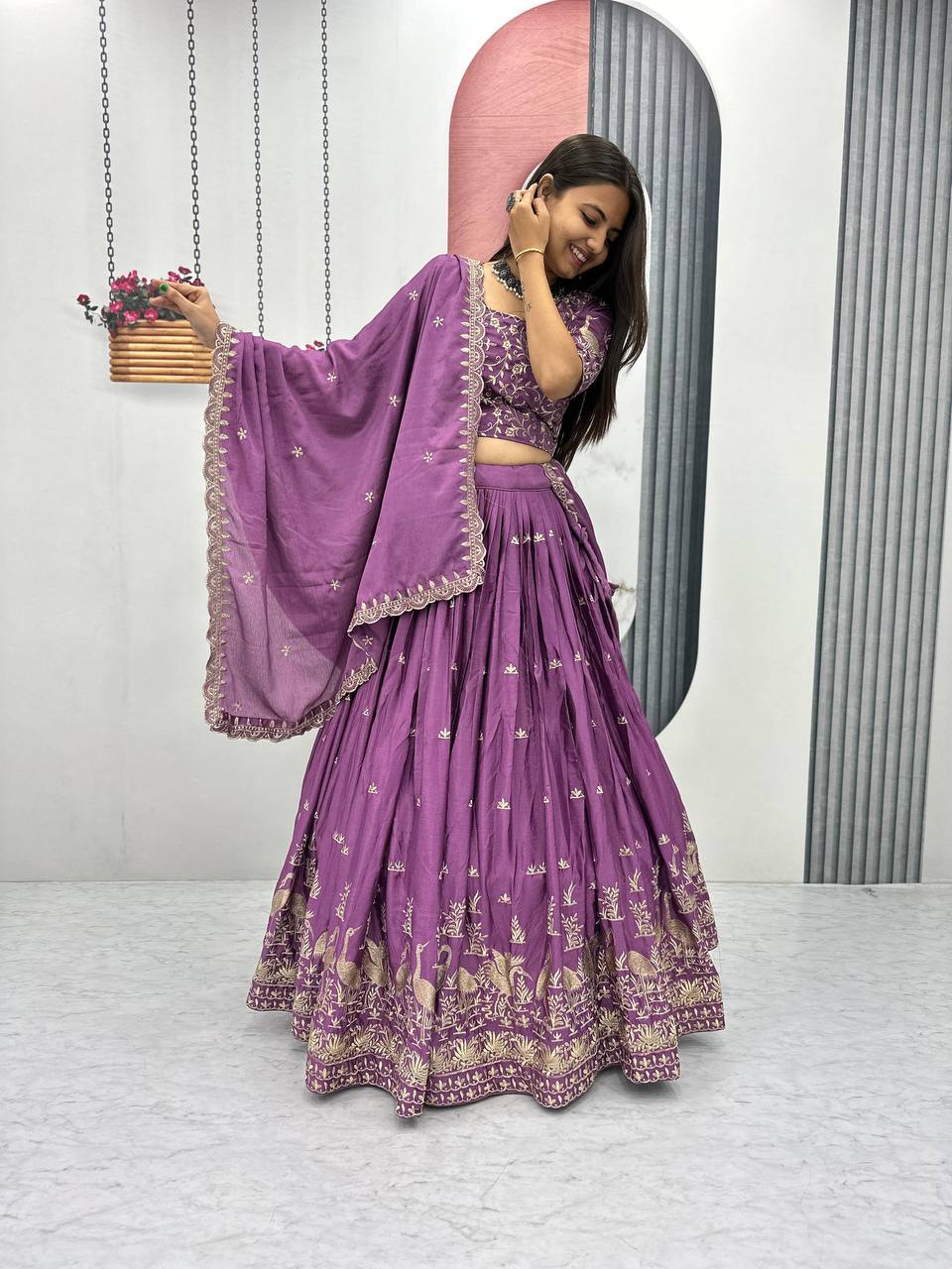 Function Wear Purple Color Chinon Embroidery Thread Work Designer Lehenga Choli