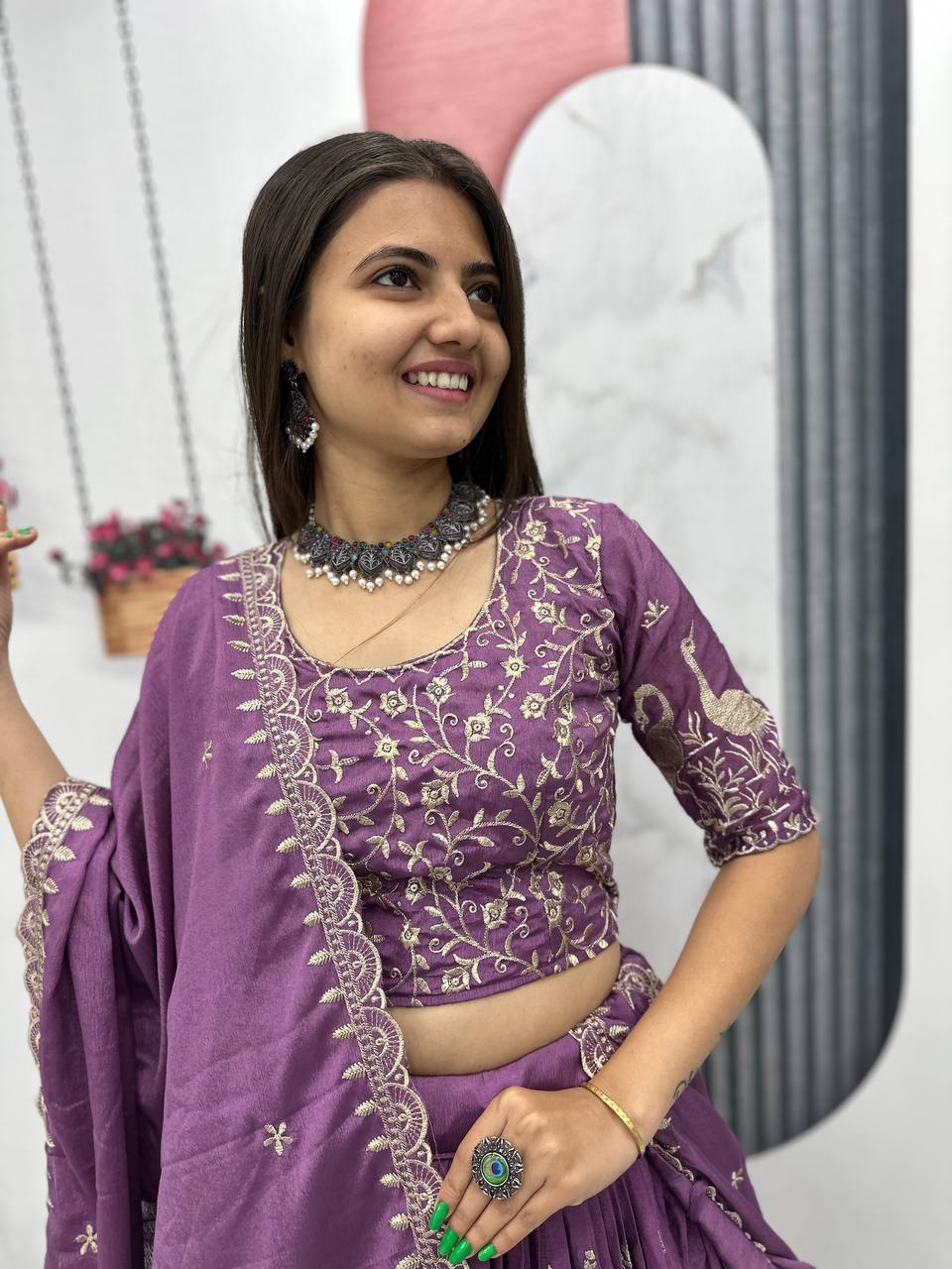Function Wear Purple Color Chinon Embroidery Thread Work Designer Lehenga Choli