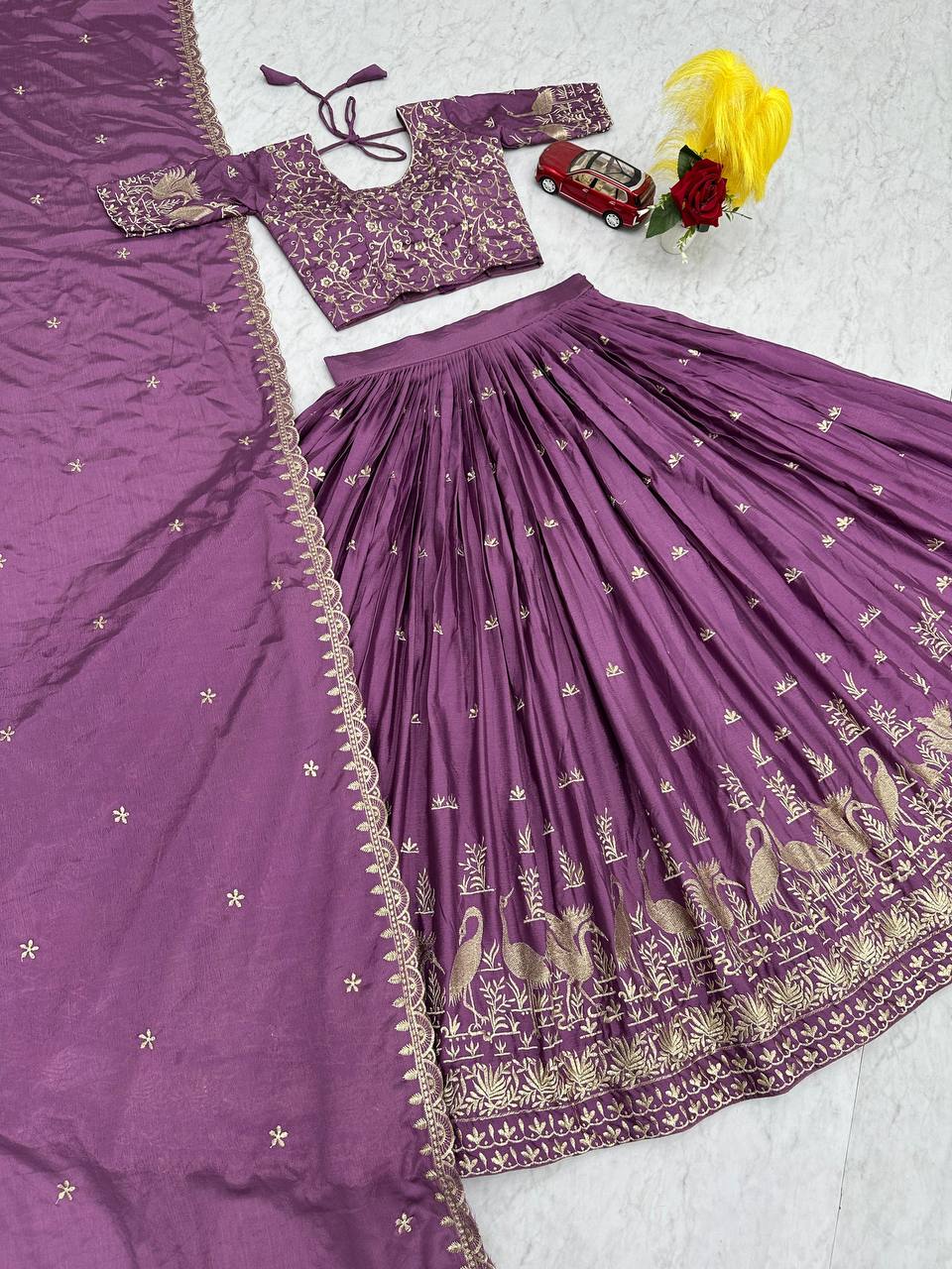 Function Wear Purple Color Chinon Embroidery Thread Work Designer Lehenga Choli