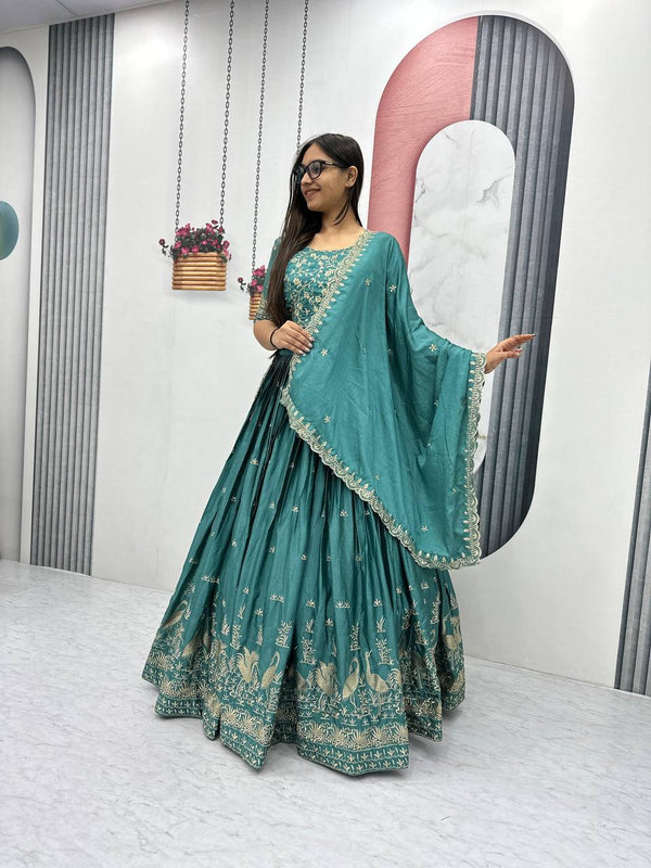 Function Wear Peacoack Green Color Chinon Embroidery Thread Work Designer Lehenga Choli