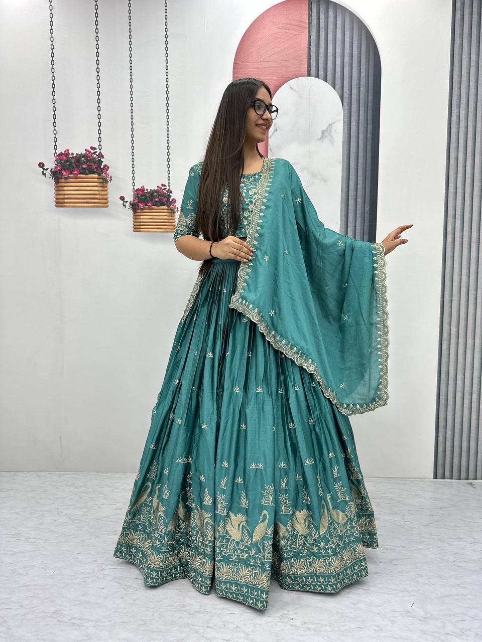 Function Wear Peacoack Green Color Chinon Embroidery Thread Work Designer Lehenga Choli