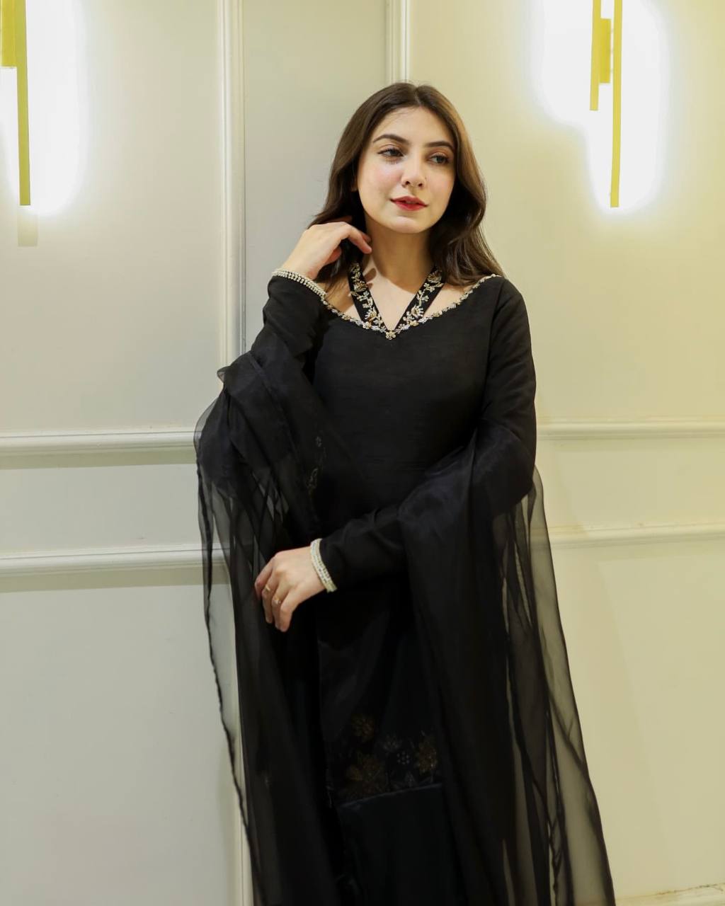 Celebrity Style Black Color Natural Crep Silk With Embrodary Siquance Work Palazzo Suit