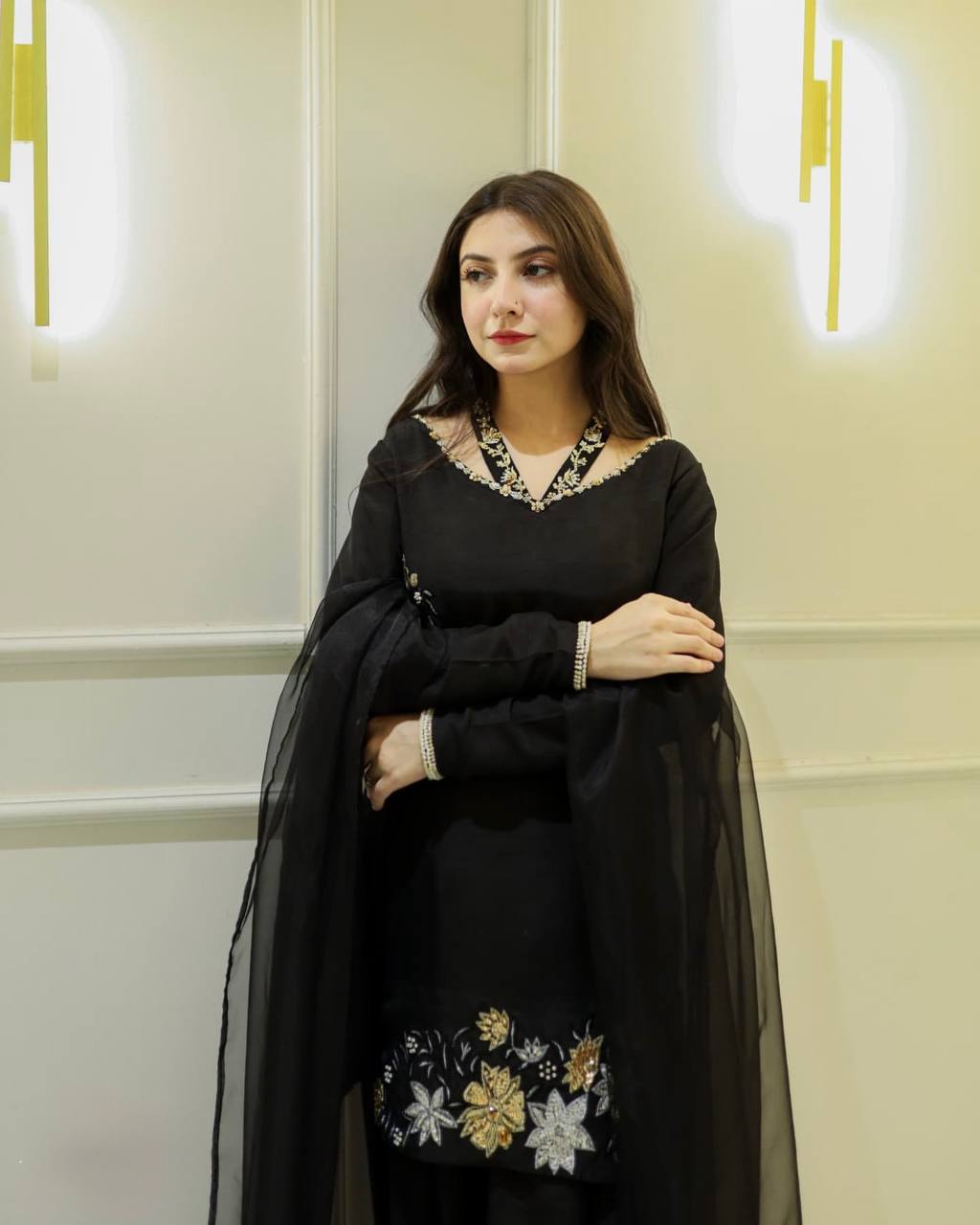 Celebrity Style Black Color Natural Crep Silk With Embrodary Siquance Work Palazzo Suit