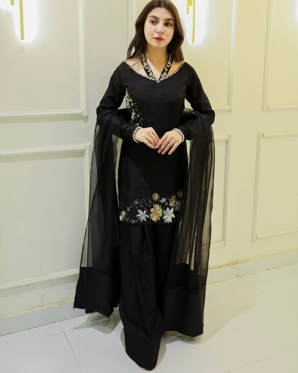 Celebrity Style Black Color Natural Crep Silk With Embrodary Siquance Work Palazzo Suit