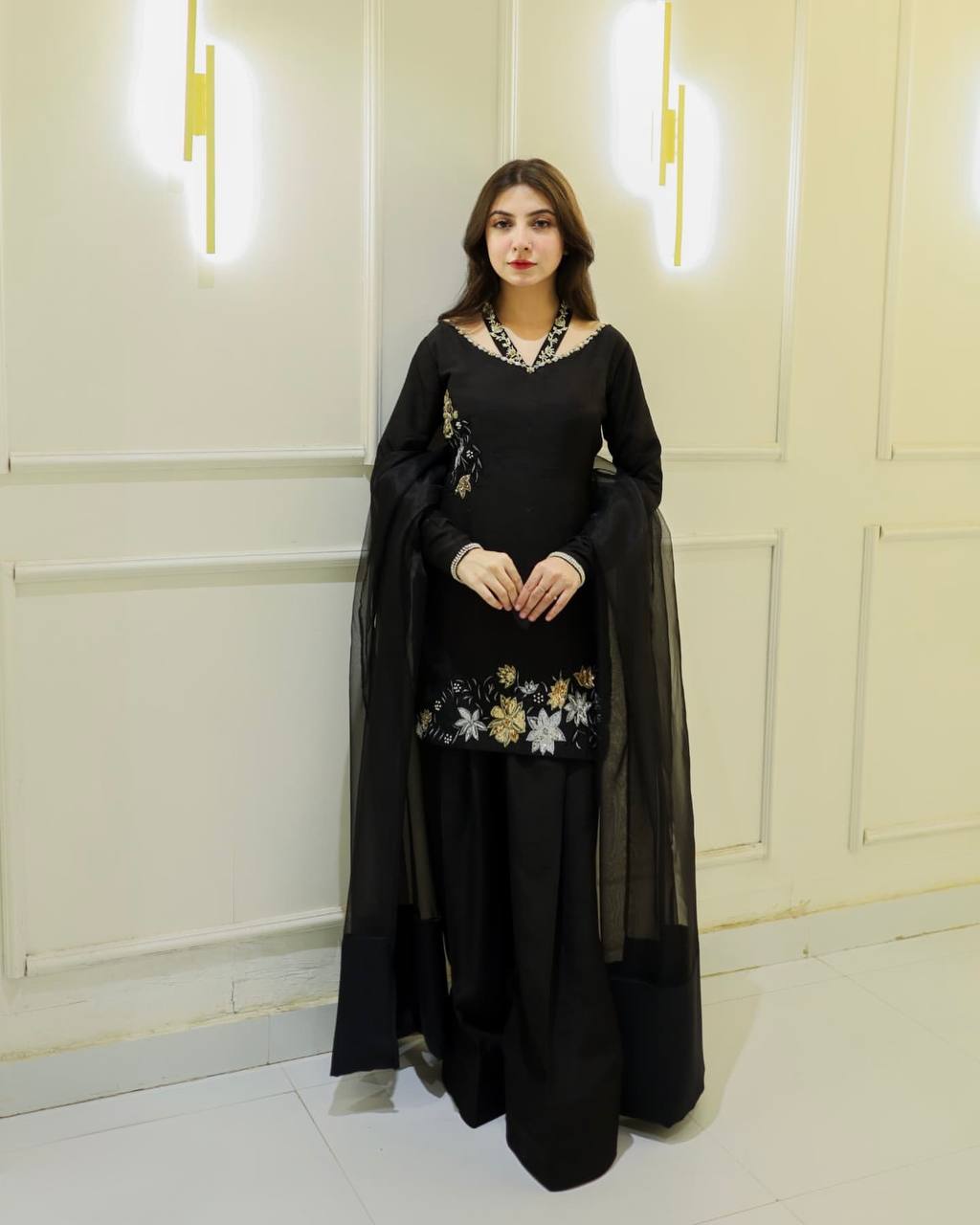 Celebrity Style Black Color Natural Crep Silk With Embrodary Siquance Work Palazzo Suit