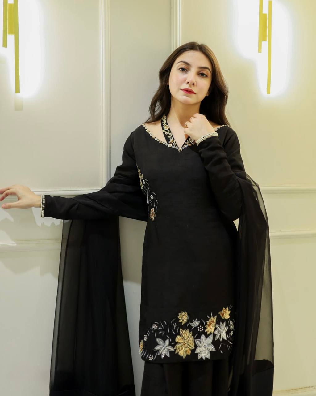 Celebrity Style Black Color Natural Crep Silk With Embrodary Siquance Work Palazzo Suit