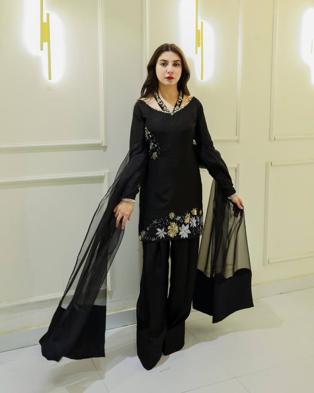 Celebrity Style Black Color Natural Crep Silk With Embrodary Siquance Work Palazzo Suit