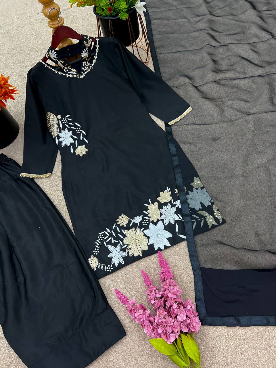 Celebrity Style Black Color Natural Crep Silk With Embrodary Siquance Work Palazzo Suit