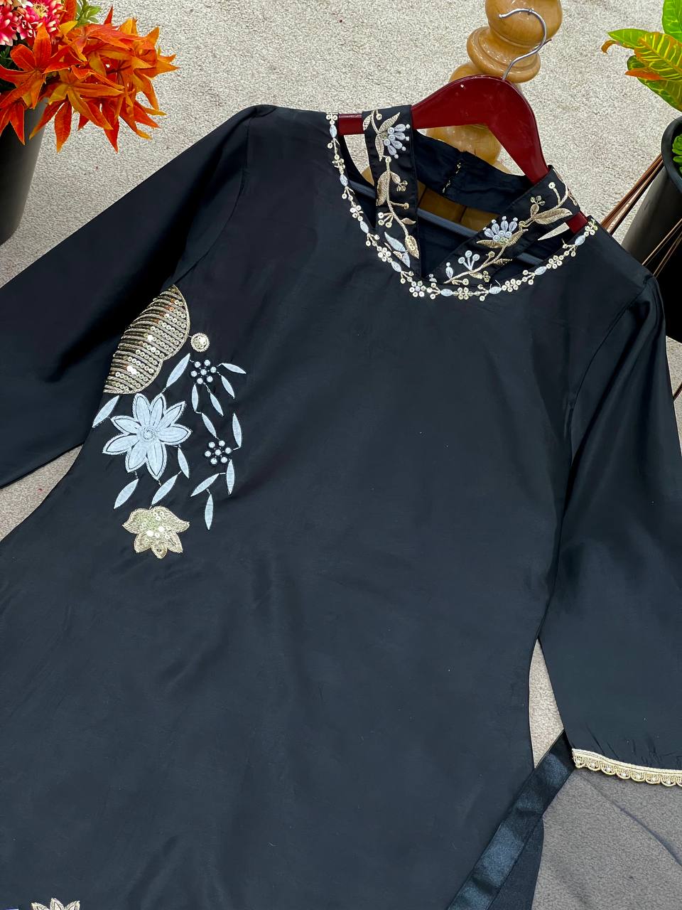 Celebrity Style Black Color Natural Crep Silk With Embrodary Siquance Work Palazzo Suit