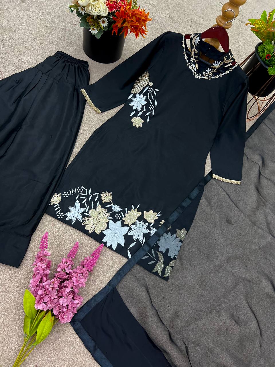 Celebrity Style Black Color Natural Crep Silk With Embrodary Siquance Work Palazzo Suit