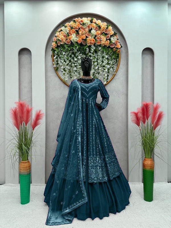 Ceremony Wear Teal Color Thread With Seuqnce Work Lehenga With Top