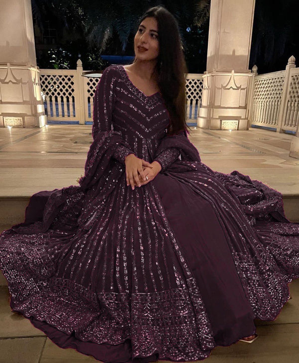Ceremony Wear Wine Color Thread With Seuqnce Work Lehenga With Top