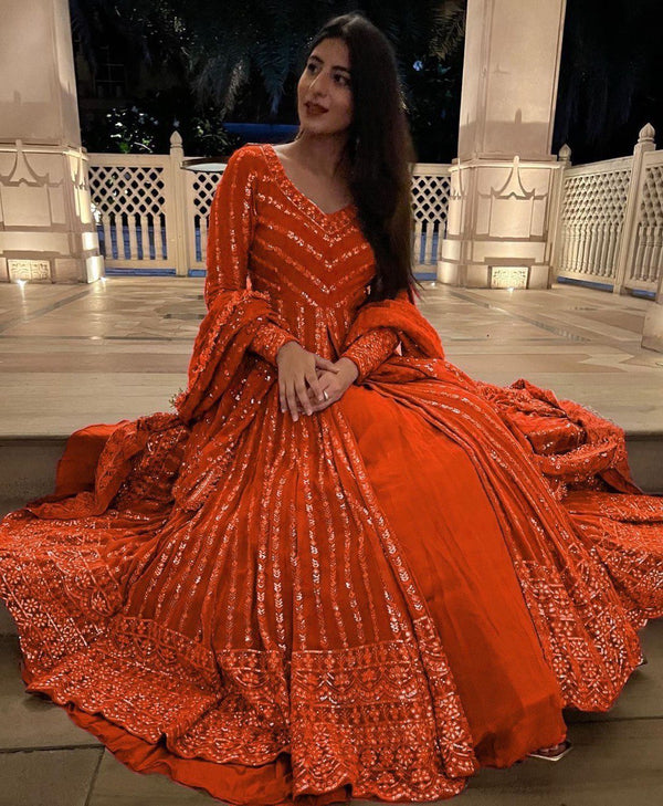 Ceremony Wear Orange Color Thread With Seuqnce Work Lehenga With Top