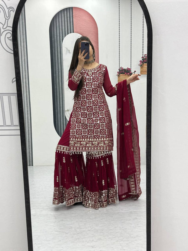 Ceremony Wear Maroon Color Faux Georgette Heavy Embroidery Thread Work Sharara Suit