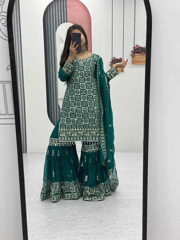 Ceremony Wear Green Color Faux Georgette Heavy Embroidery Thread Work Sharara Suit
