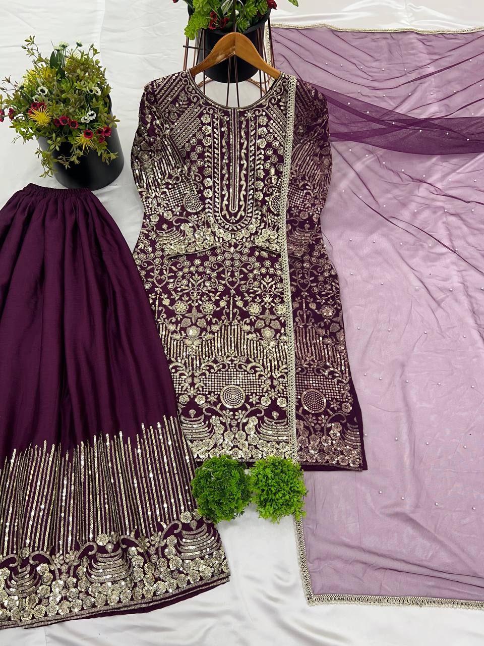 Ceremony Wear Purple Color Pure Chinon Silk With Embroidery Sequence With Moti Work Sharara Suit