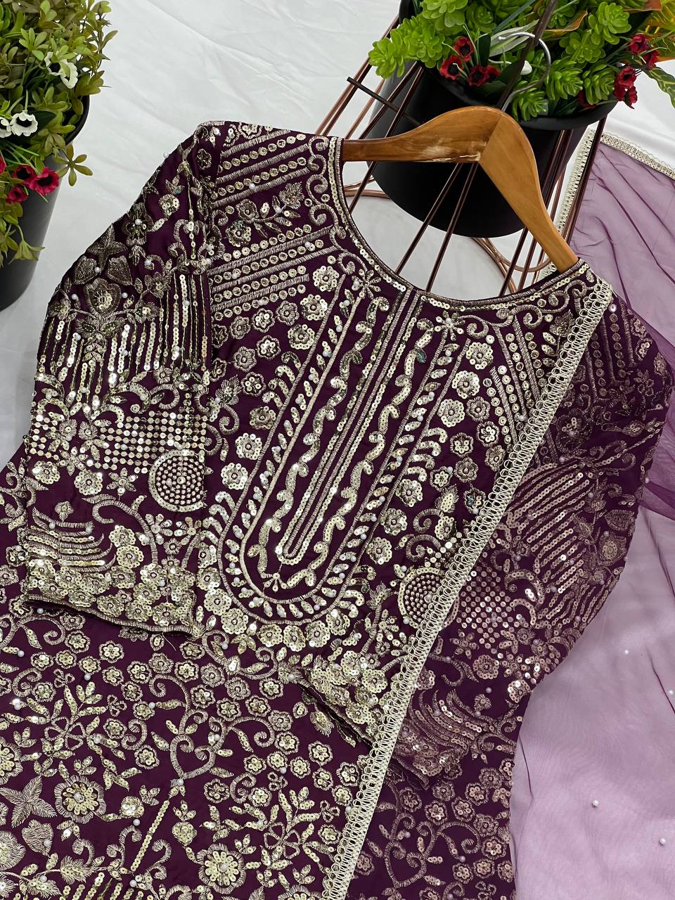 Ceremony Wear Purple Color Pure Chinon Silk With Embroidery Sequence With Moti Work Sharara Suit