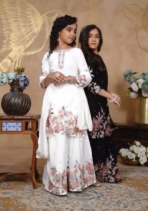 Stylish Embroidered White and Black Color Ready To Wear Sharara Suit