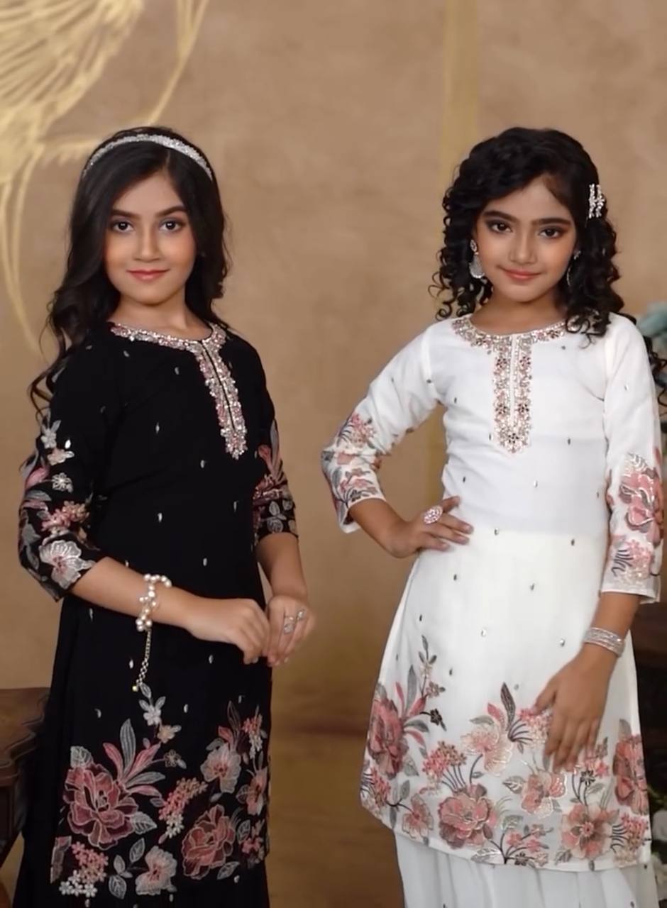 Stylish Embroidered White and Black Color Ready To Wear Sharara Suit