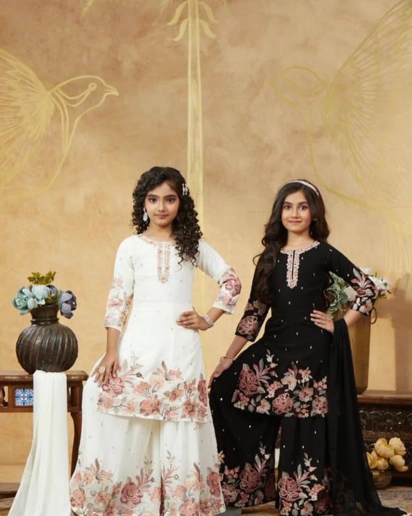 Stylish Embroidered White and Black Color Ready To Wear Sharara Suit