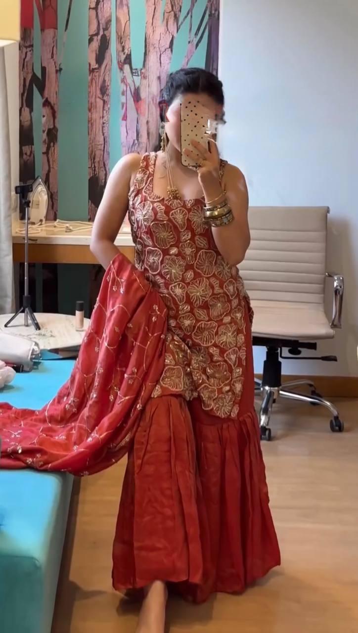 Neha's Maroon Color Thread And Sequin Work Silk Sharara Set