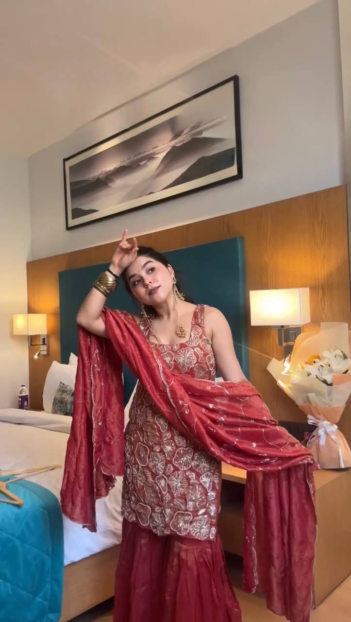Neha's Maroon Color Thread And Sequin Work Silk Sharara Set