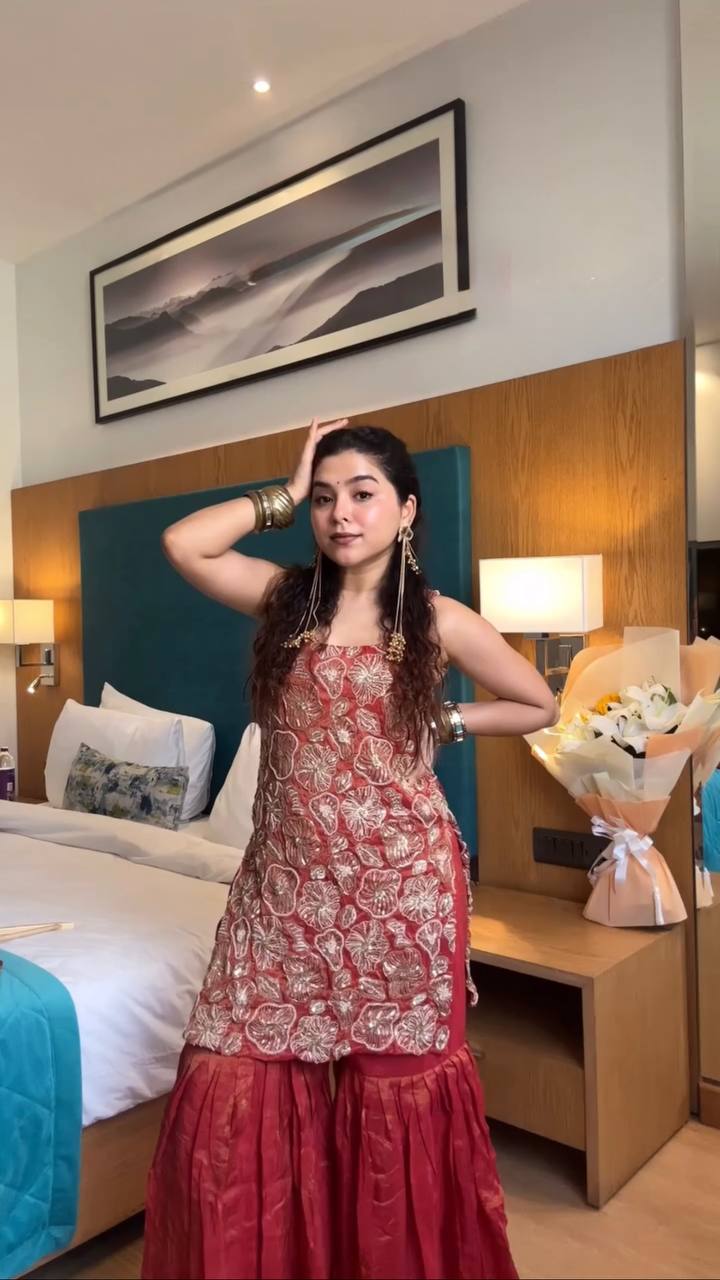 Neha's Maroon Color Thread And Sequin Work Silk Sharara Set