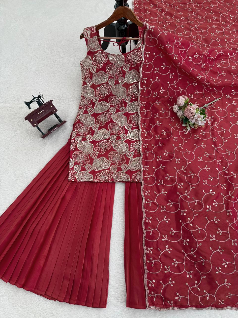 Neha's Maroon Color Thread And Sequin Work Silk Sharara Set