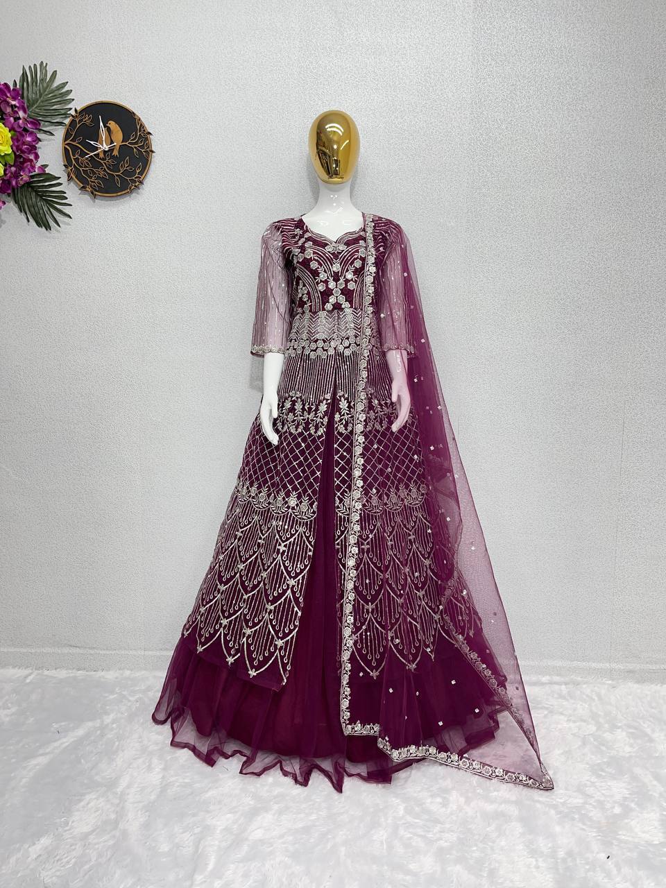 Party Wear Wine Color Heavy Soft Net With Embroidery Sequence Work Top With Lehenga