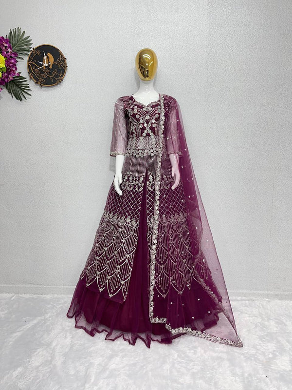 Party Wear Wine Color Heavy Soft Net With Embroidery Sequence Work Top With Lehenga