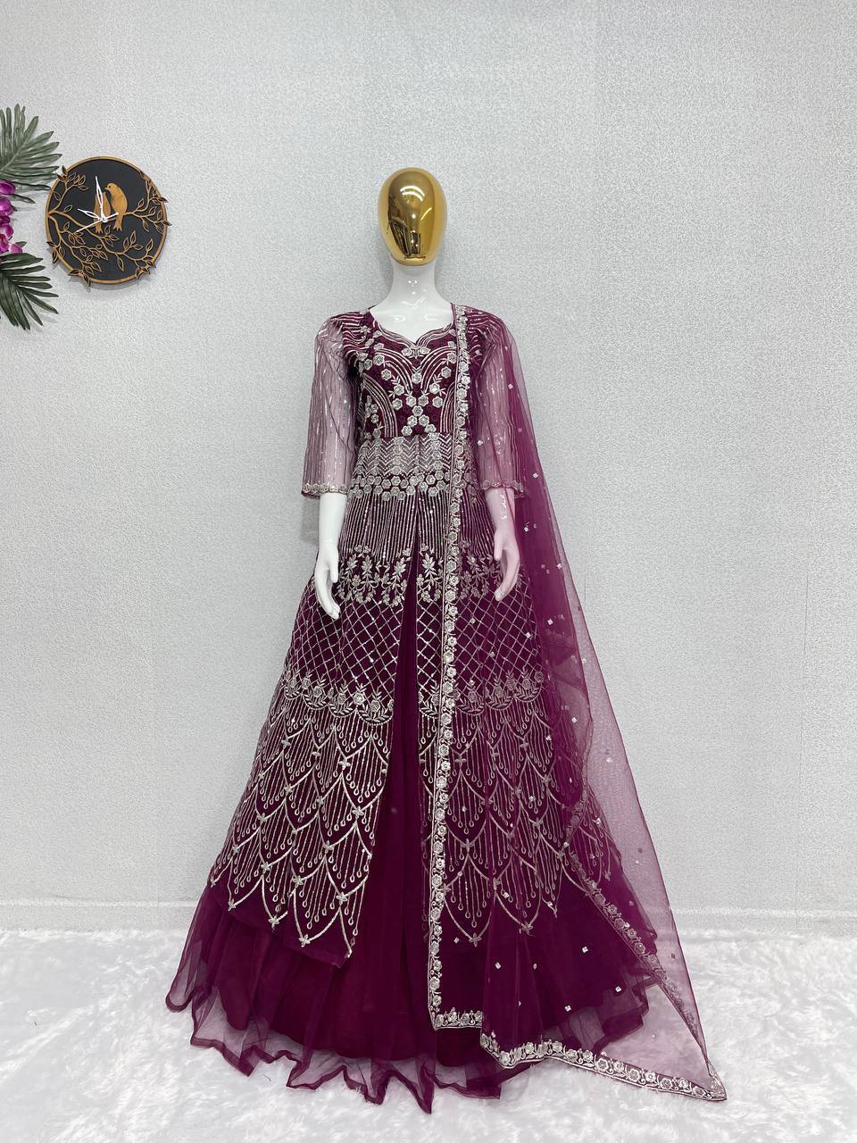 Party Wear Wine Color Heavy Soft Net With Embroidery Sequence Work Top With Lehenga