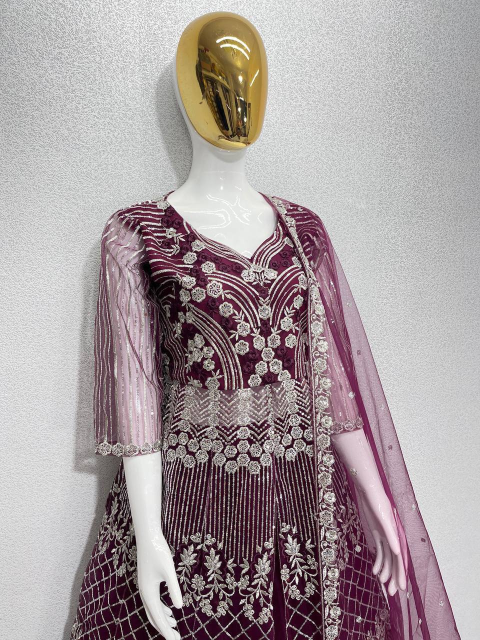 Party Wear Wine Color Heavy Soft Net With Embroidery Sequence Work Top With Lehenga