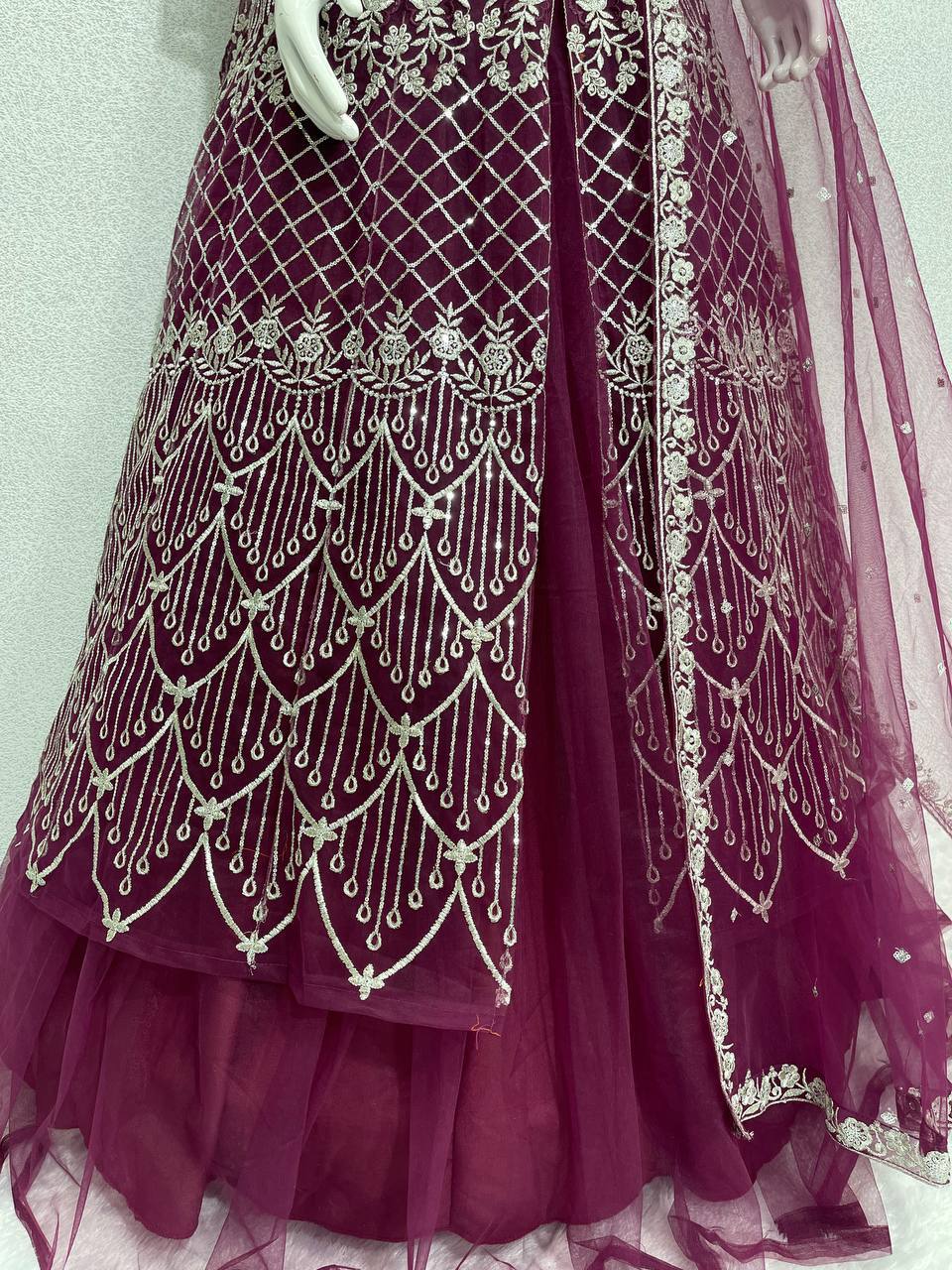 Party Wear Wine Color Heavy Soft Net With Embroidery Sequence Work Top With Lehenga
