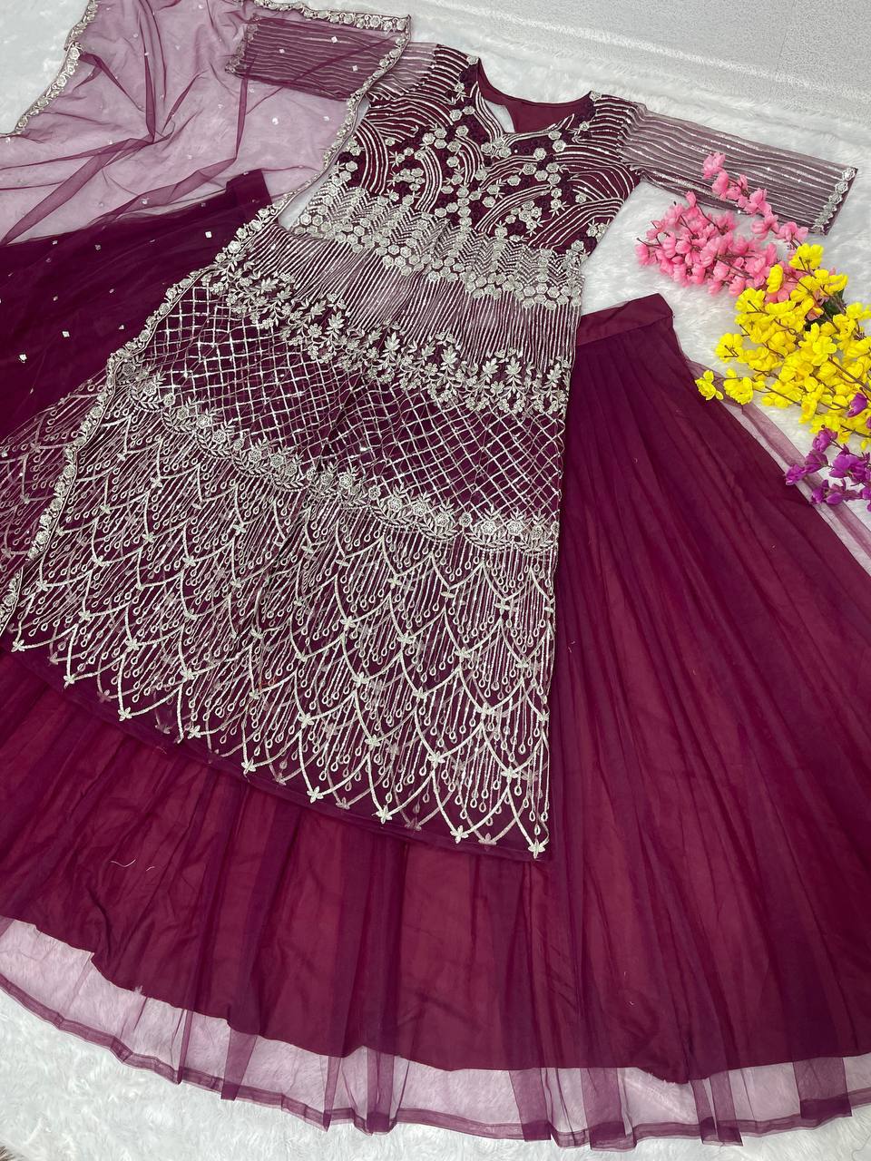 Party Wear Wine Color Heavy Soft Net With Embroidery Sequence Work Top With Lehenga