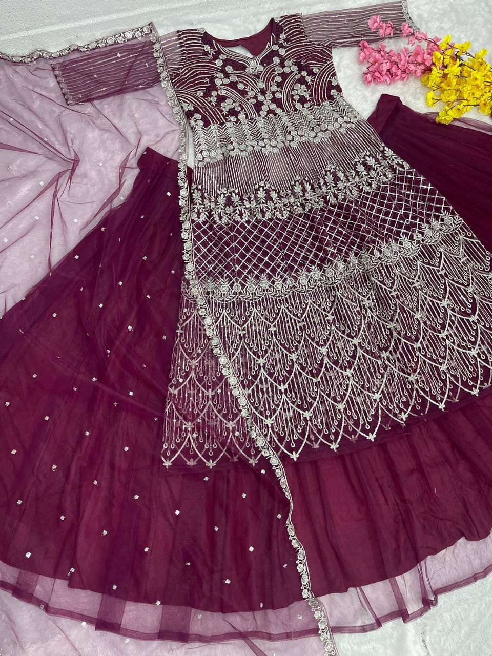 Party Wear Wine Color Heavy Soft Net With Embroidery Sequence Work Top With Lehenga