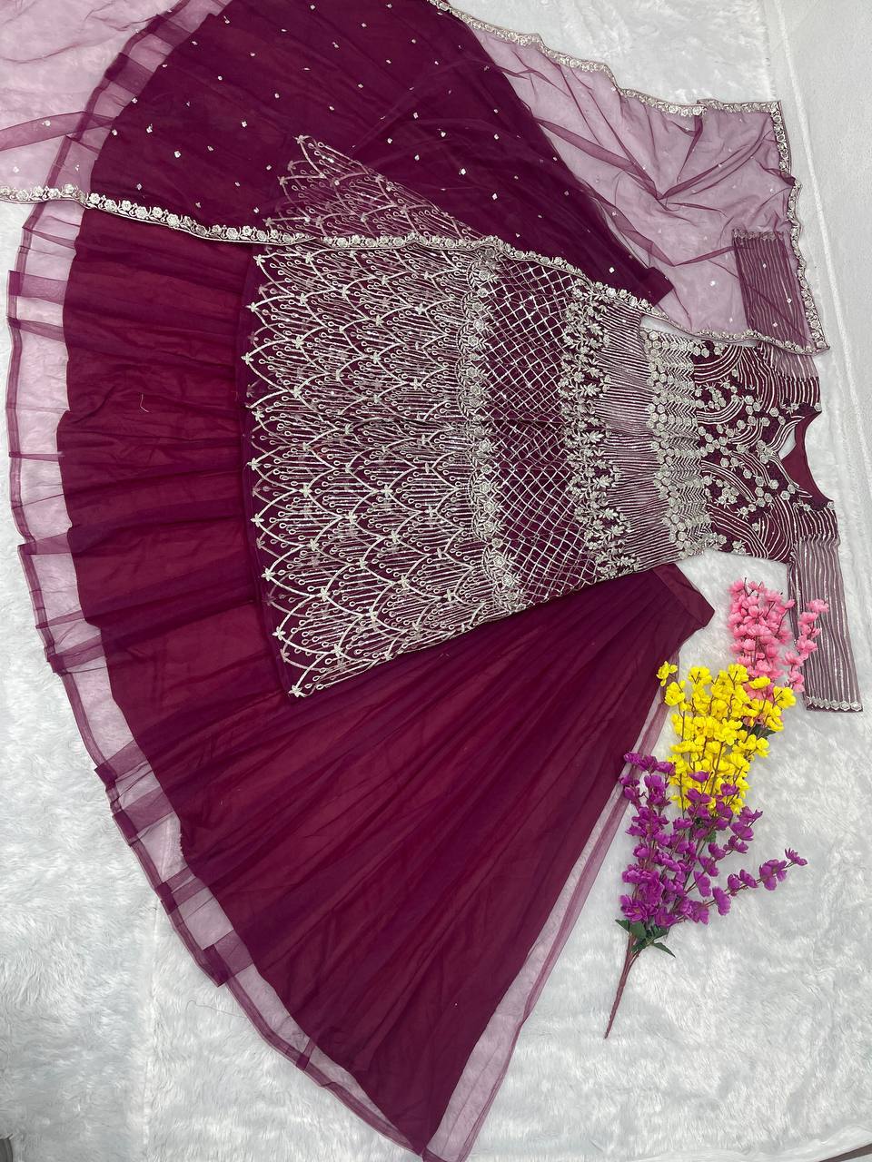 Party Wear Wine Color Heavy Soft Net With Embroidery Sequence Work Top With Lehenga